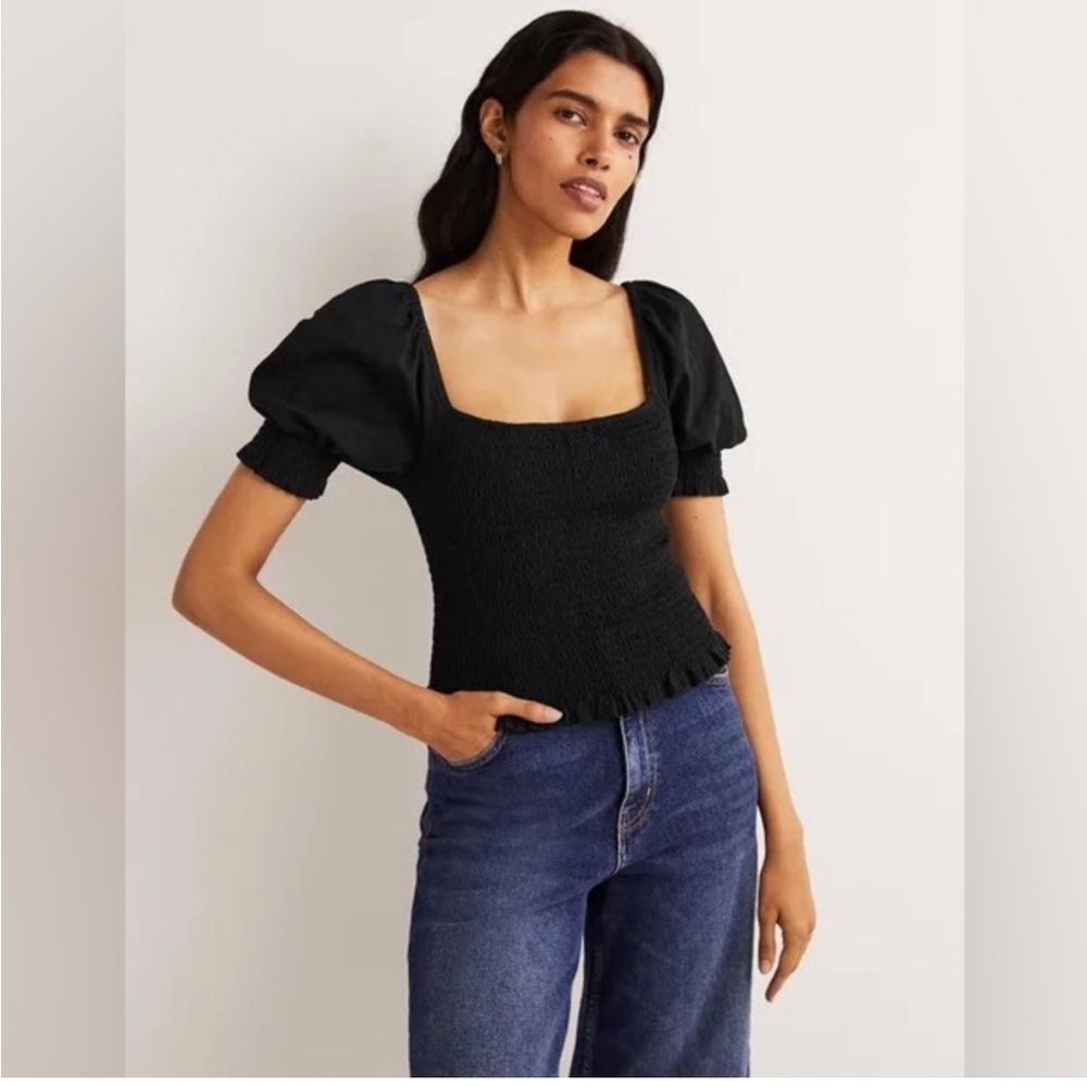 NWT Boden Squareneck Smocked Puff Sleeve Crop Top Black sz 6